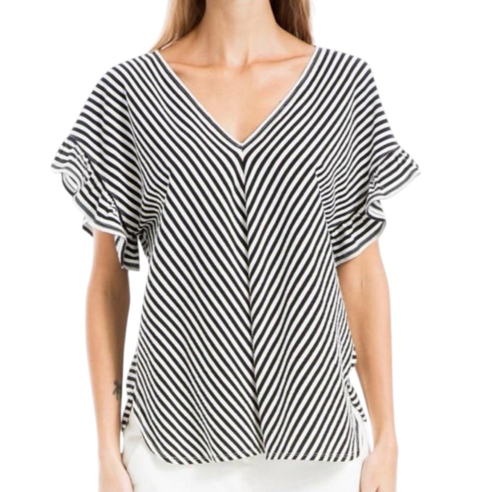 MAX STUDIO LONDON Black & White Striped KNIT TOP w/RUFFLE FLUTTER Sleeves SZ XL
